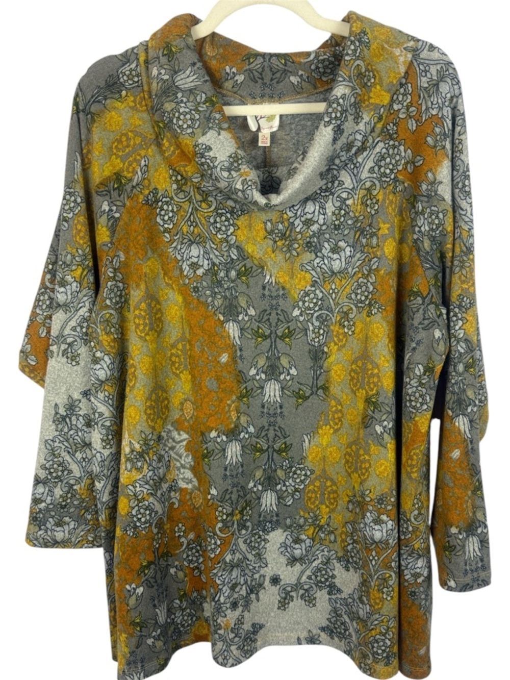 Fig and Flower Gray Mustard Floral Damask Brushed Knit Cowl Neck 2X Tunic Top